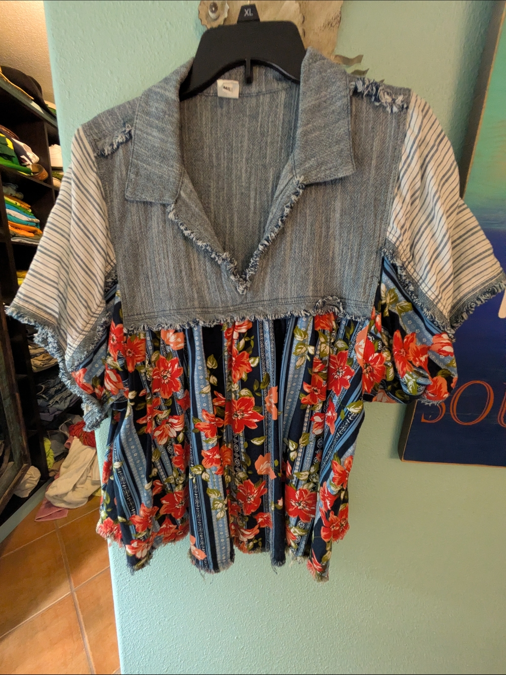 ivy jane Mixed-Media Floral Patchwork Top - Blue & Red